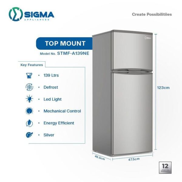 Sigma STMF-A139NE Top Mount Refrigerator – 139 Litres