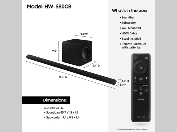 Samsung HW-S80CB/ZA 3.1.2 Channel Soundbar with Dolby Atmos and DTS Virtual: X