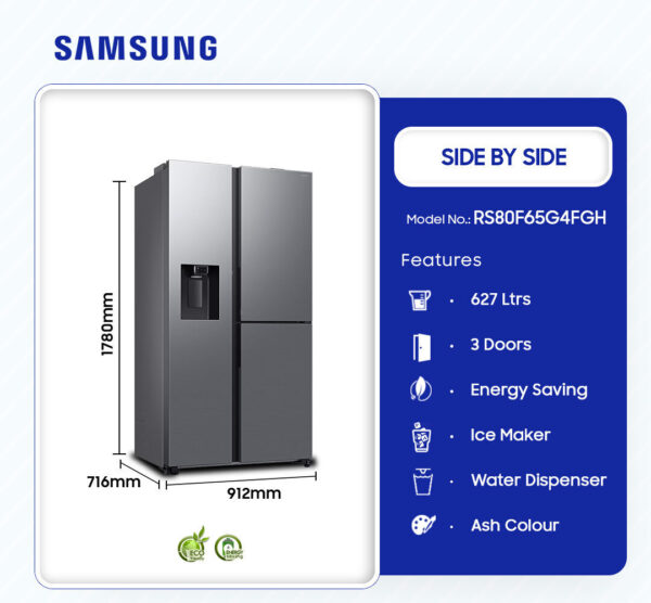 Samsung RS80F65G4FGH – 627 L Side-by-Side Refrigerator